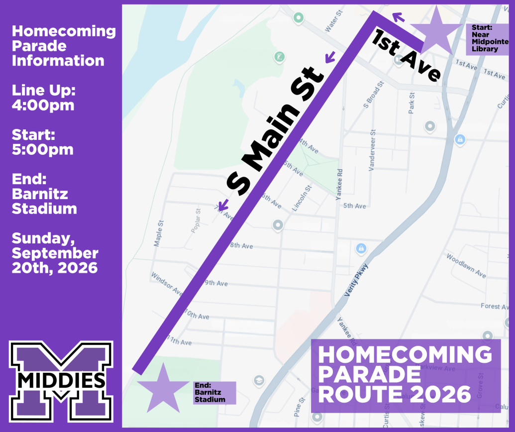 parade route for homecoming, 1st Ave to S Main St to Barnitz stadium